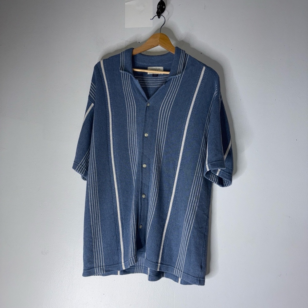 American Eagle Weekend Blue Striped‎ Button Down Polo Knit Shirt Medium Men’s